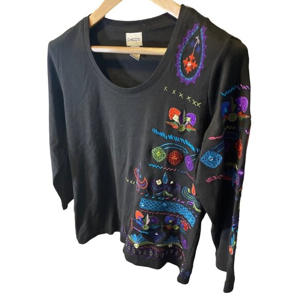 Chico's Black Colorful Southwest Embroidery Long Sleeve Round Neck Top Sz L - Picture 3 of 10